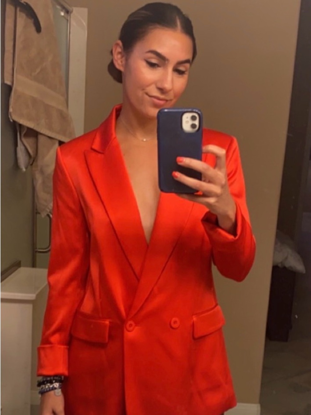Alice + Olivia Justin Satin Double-Breasted Blazer in Red